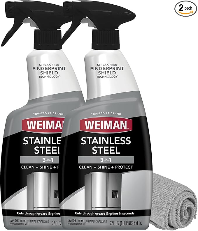 Weiman Stainless Steel Cleaner &amp Polish 2 Pack Anti Fingerprint Spray Stainless Steel Cloth Water Spots &amp Grease No Streaks or Residue Safe for Metal Polish Chrome Appliances Sinks &am