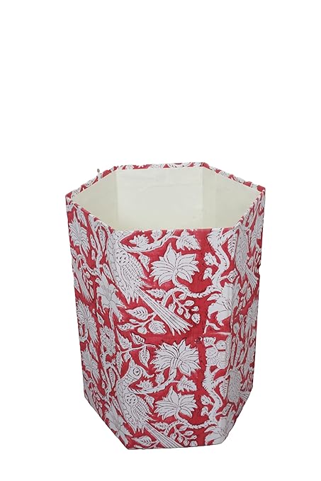 Handmade Cotton Paper Waste Basket Stylish Trash Can for Home or Office (1 RED Bard)