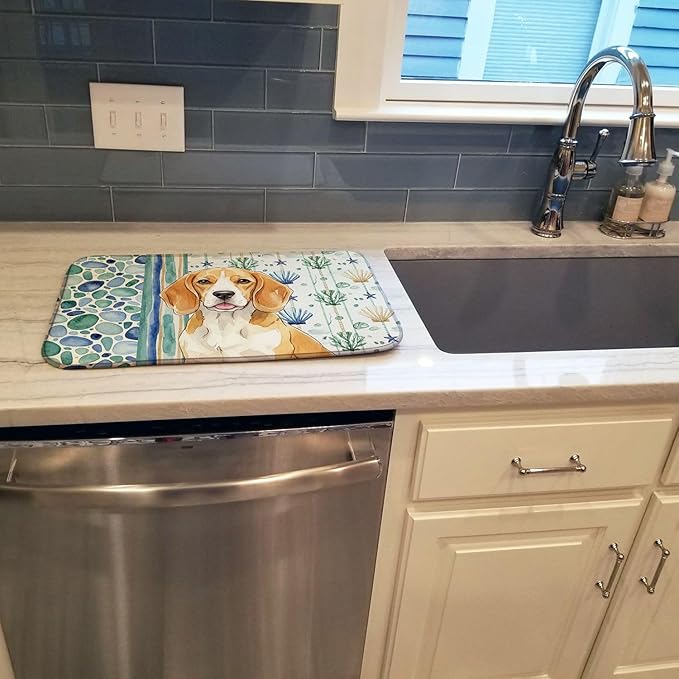 Caroline's Treasures Lemon and White Beagle Coastal Sea Glass Dish Drying Mat Absorbent Dish Drying Mat Pad for Kitchen Counter Dish Drainer Mat for Countertop 14 x 21 Multicolor