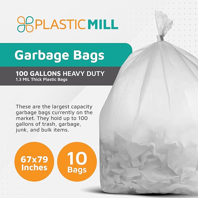 PlasticMill Heavy Duty Trash Bags - Clear Garbage Bags - Plastic Trash Bags for Large Rolling Trash Bins - Tall Trash Bags - 100-Gallon Large Kitchen Trash Bags 1.3 Mil 67x79 (10-Count)