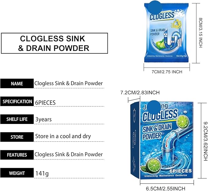 Drain Unclogger Cleaning Powder - Rapidly Dissolve Grease Hair &amp Debris Safe for All Pipes Quick Fix for Sink Toilet &amp Shower Drain Blockages(1PCS)