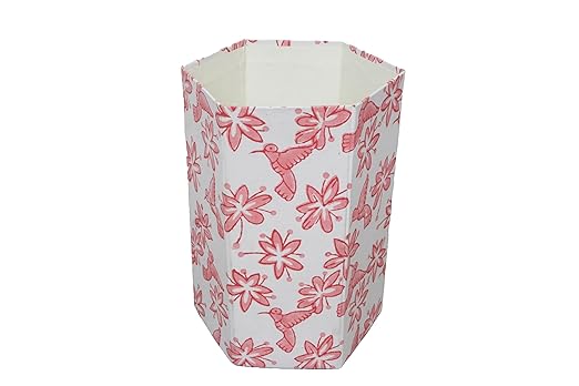 Generic 3.3 Gallon Cotton Hand Block Printed Paper Waste Basket |Small Decorative Trash Can for Housewarming Gifts in Living Room Bedroom Bathroom | Eco-Friendly Plastic-Free (1 PINK BIRD)