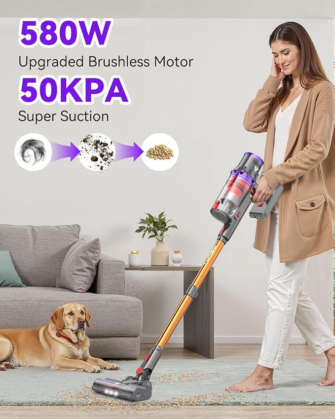 Coovy SU7 Cordless Vacuum Cleaner 580W 50Kpa 80 Minutes Runtime Stick Vacuum with Touch Screen Anti-Tangle Wireless Powerful Lightweight LED Vac for Home Pet Hair Carpet Hardwood Gold