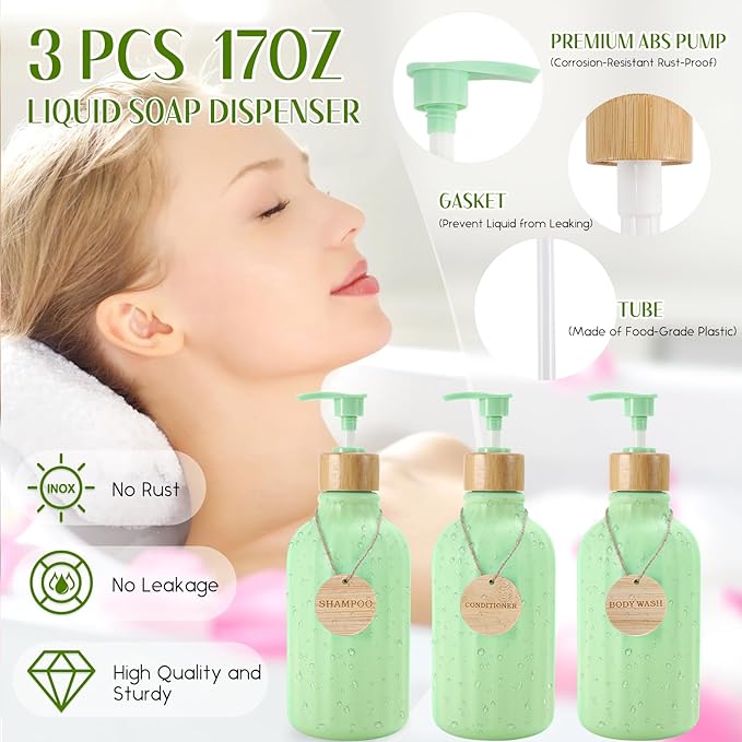 32PCS Green Bathroom Accessories Set with Shower CurtainRugsTrash Can3PCS Lotion Soap Dispenser Toothbrush Holder Soap DishTumbler Cup6PCS Wood Tags Bath Accessories with Tray for Bathroom