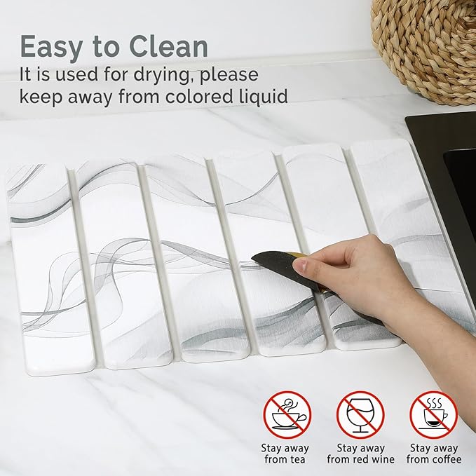 Small Stone Dish Drying Mat for Kitchen Counter 2 PCS 16×12 &amp 8x4 Quick Dry Stone Mats Foldable Water Absorbing Diatomaceous Earth Drying Dish Pad for Countertop Bottle Utensil Cup(White Gra