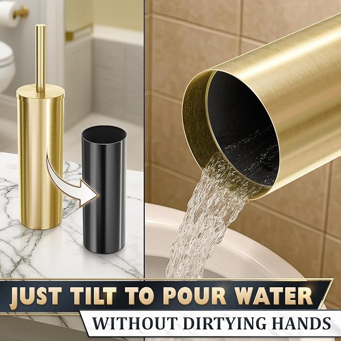 2 PCS Gold Toilet Brush and Holder Set - Brushed Stainless Steel Gold Toilet Bowl Brush and Holder with Replacable Head Removable Inner Bowl and Splash Protection - Dense Bristles for Cleaning