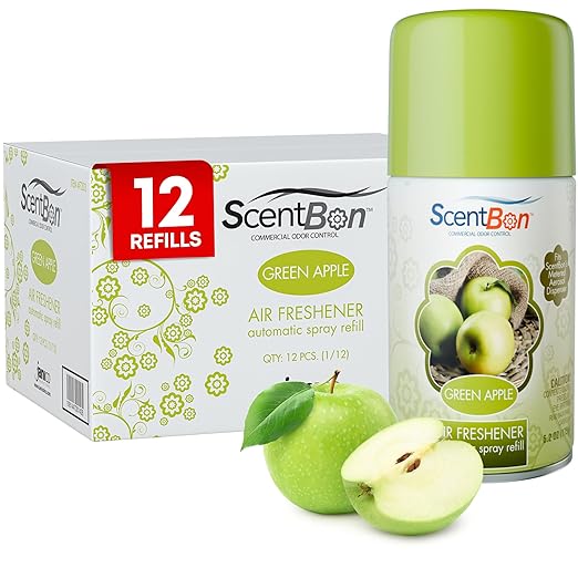 ScentBon Air Freshener Refill Metered Aerosol Can Cinnamon Fresh Linen Green Apple Mango Ocean Vanilla Pack of 12 (12 Green - Green Apple Scent)