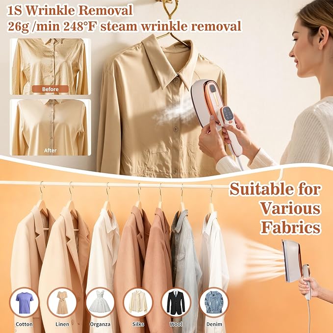 Portable 1500W Handheld Garment Steamer – 20s Rapid Heat-Up 17 Steam Vents 8 One-Touch Fabric Modes 260 mL Tank for Home Travel &amp Business