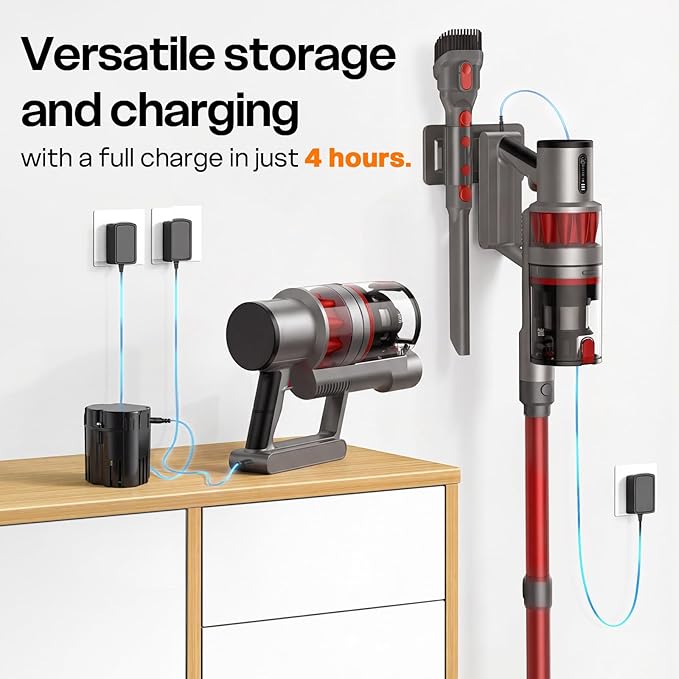 Cordless Vacuum Cleaner 600W/50KPA Up to 60 Minutes Stick Vacuum with Rechargeable Design Powerful Suction Lightweight Vacuum Cleaner for Home/Pet Hair/Carpet/Hard Floor Red