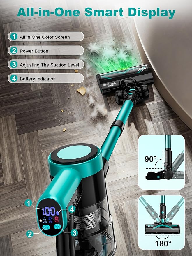 Cordless Vacuum Cleaner 58Kpa Vacuum Cleaners for Home 55Mins Stick Vacuum with Self-Standing &amp LED Display Anti-Tangle &amp Wall Mount Charging (Cyan)