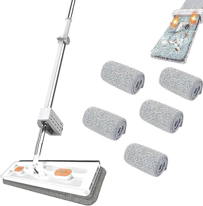 Large Flat Mop Mops for Floor Cleaning Mop 360° Rotatable Adjustable Cleaning Mop Wall Mops for Washing Walls Spin Wet and Dry Use Floor System 12027(White)