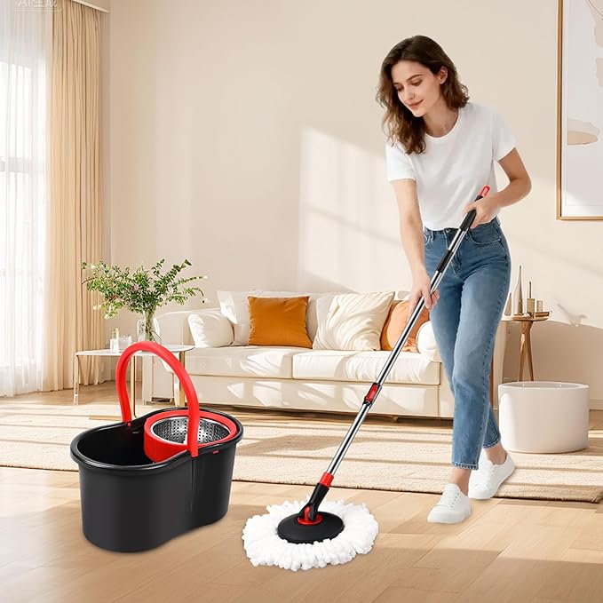 Spin Mop and Bucket Mop and Bucket with Wringer Set for Home 360 Spinning Mop Bucket Floor Cleaning Tool with 1 Microfiber Mop Replacement Head50 Stainless Steel Handle (Black-Includes 1 mop)