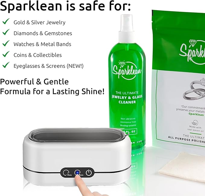 SPARKLEAN Jewelry &amp Glass Cleaner Spray (32 Oz) - Biodegradable Ammonia-Free Solution for Gold Silver &amp Diamond Rings - Safe for Ultrasonic Machines - Eco-Friendly - Bulk Size