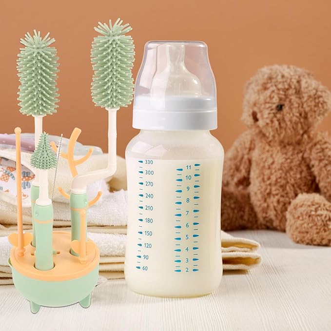 Multifunctional Bottle Brush Set with Extra Long Handle and Stand for Cleaning Milk Bottles and Straws Green Suitable for Feeding