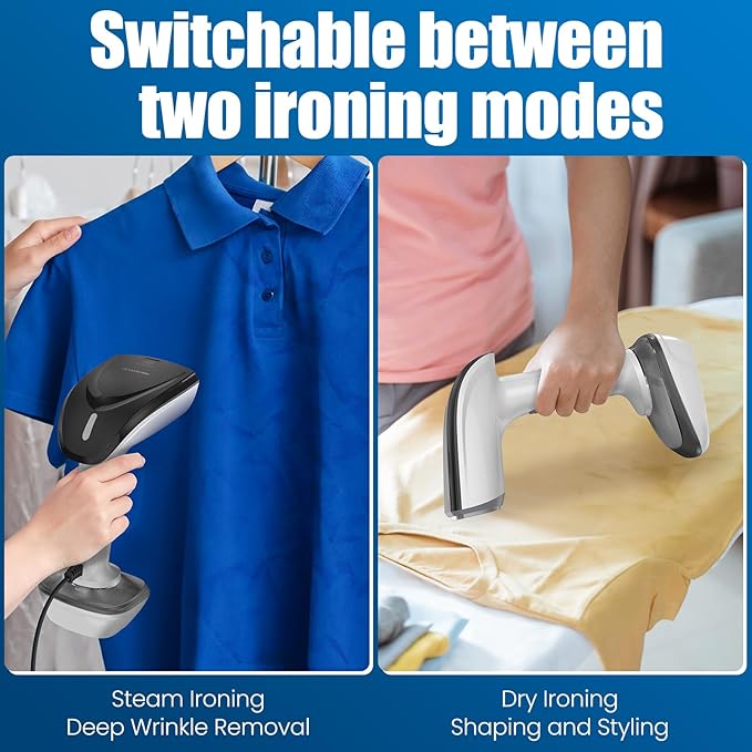 Powerful Handheld Fabric Steamer - 1800W with Fast Ceramic Heat-Up Plate 2-in-1 Ironing &amp Wrinkle Remover Steam Nozzle Lint Brush - White for US 120V Only