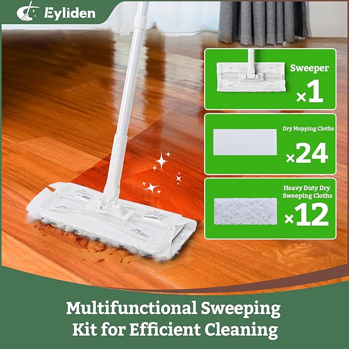 Eyliden Dust Mop Sweeping &amp Mopping Kit | 58 Extended Long Handle 36 Disposable Dry Cloths and 24 Wet Pads Multi Surface Sweeper Mops for Floor Cleaning