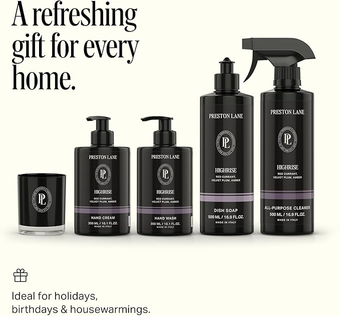 Preston Lane Signature Home Set – All Purpose Cleaner Dish Soap Hand Wash Hand Cream &amp Scented Candle | Plant-Powered Cleaning &amp Care Essentials with Fine Italian Fragrance Highrise