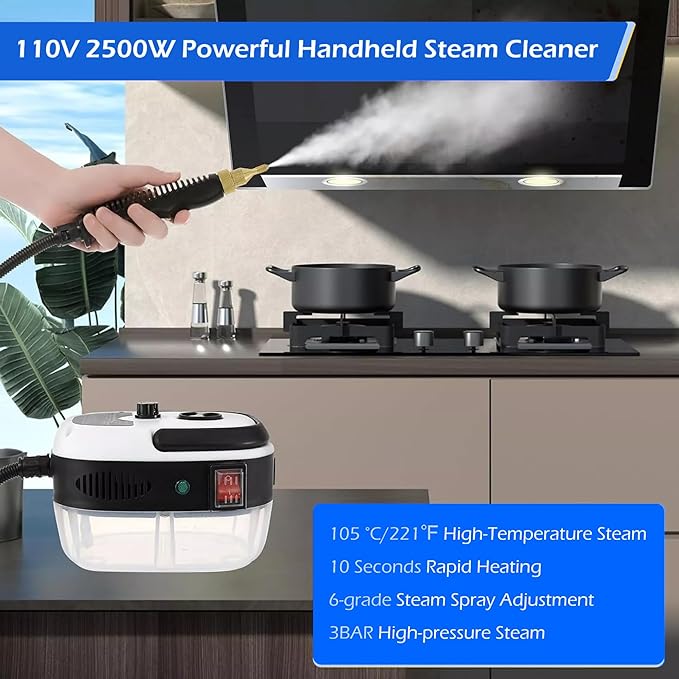 Handheld Steam Cleaner – 2500W High-Pressure Steamer with 6 Adjustable Modes Large Water Tank Multiple Brush Heads Portable Design for Home Kitchen Car Bathroom Cleaning(Red)