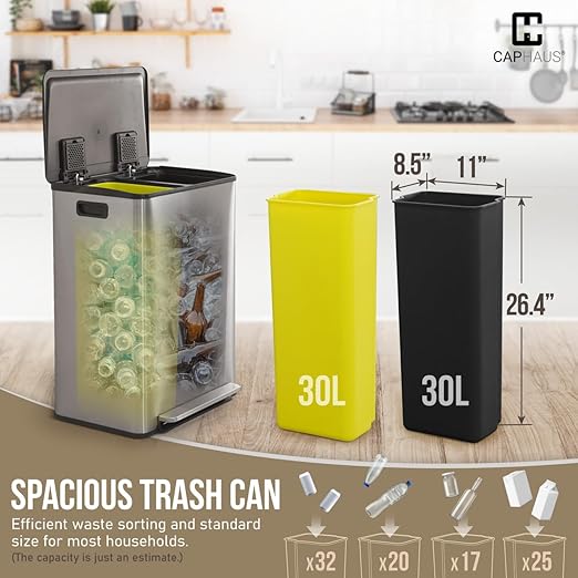 CAPHAUS Black Dual Trash Can w/Single Lid Trash &amp Recycle Bins Combo Hands-Free Stainless-Steel Garbage Can for Kitchen with 2 Compartment Hinged Lid Odor Filters Handles 30L+30L 2 x 8 Gal