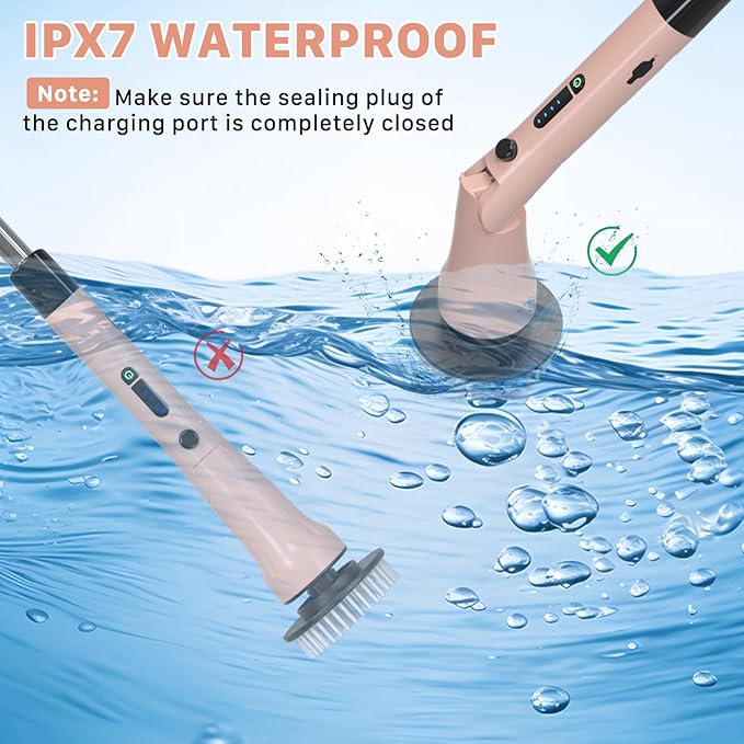 Electric Spin Scrubber Hillyfe Bathroom Scrubber Electric with 7 Replaceable Brush Heads IPX7 Waterproof300/400 RPM 3 Adjustable LengthScrubber Brush Electric for Bathtub FloorPink