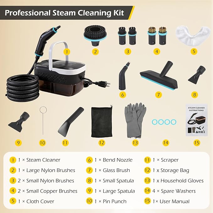 Dyna-Living Steam Cleaner 1500W Engine Steam Cleaner Handheld High Pressure Steam Cleaner for Cleaning Car Steamer with 42.2 oz Tank Portable Steamer for Car Detailing Home Floor Carpets Tile