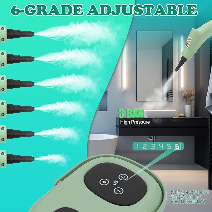 2500W Handheld Steam Cleaner for Home &amp Car 1.1L Portable High-Pressure Steamer 10s Fast Heat-Up 6-Level Adjustable Steam Multipurpose Cleaning Kit – Green