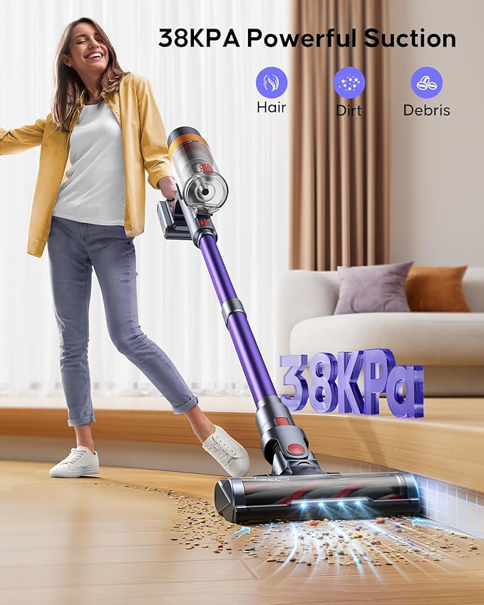 38Kpa Cordless Vacuum Cleaner 450W Cordless Vacuum Cleaner Up to 55 Mins Runtime with 1.5L Dust Cup&ampLED Display Purple