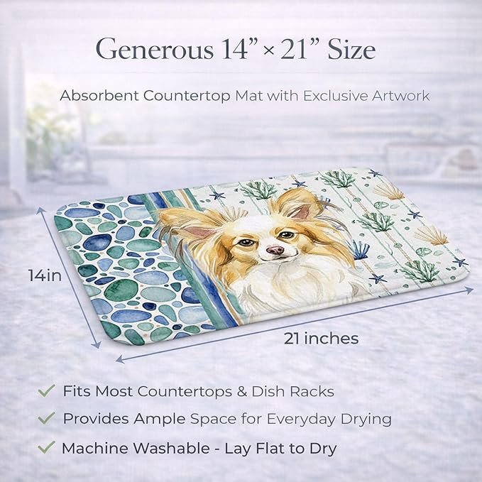 Caroline's Treasures Lemon and White Papillon Coastal Sea Glass Dish Drying Mat Absorbent Dish Drying Mat Pad for Kitchen Counter Dish Drainer Mat for Countertop 14 x 21 Multicolor