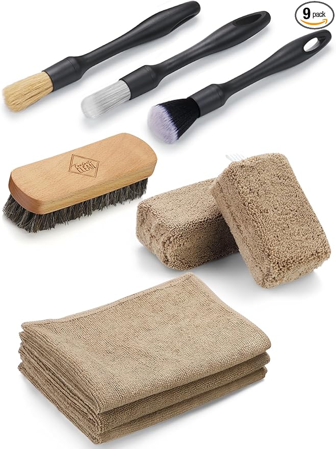 Fantasticlean 9PCS Car Interior Detailing Set Microfiber Cloth &amp Applicator Single-Head Detailing Brushes Natural Bristles Scratch-Free &amp Ultra-Soft for Seats Leather Care or Cleaning