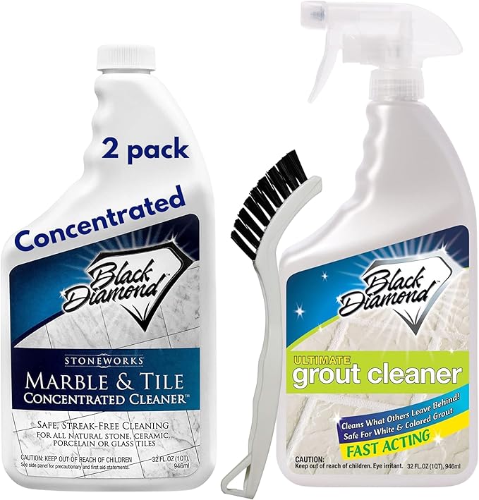 Black Diamond Stoneworks Ultimate Grout Cleaner with Brush + Marble &amp Tile Cleaner (2-Pack) – Safe for Natural Stone Acid Free Deep Cleans Grout Restores Shine to Marble Granite Travertine &am
