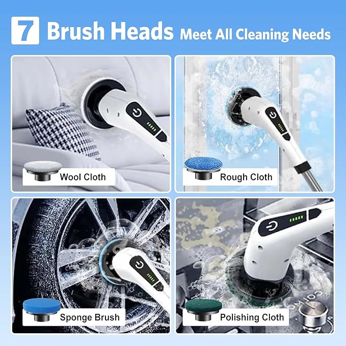 Electric Spin Scrubber Cordless Bath Tub Power Scrubber with Long Handle &amp 7 Replaceable Heads Detachable as Short Handle Shower Cleaning Brush Household Tools for Bathroom &amp Tile Floor