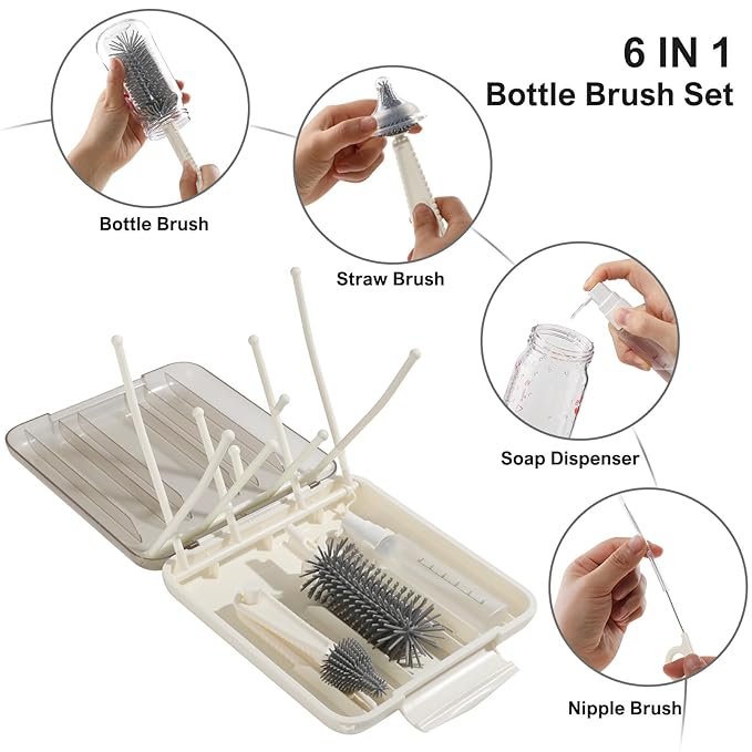 6 in 1 Baby Bottle Brush SetBottle Cleaner Brush Kit with Silicone Bottle BrushDrying RackNipple BrushStraw BrushSoap Dispenser&ampStorage BoxPortable Baby Essentials for Home&ampTravel (White