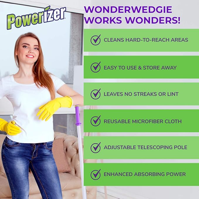 Powerizer: WonderWedgie Microfiber Mop Cleaning System - Mop for Floor Cleaning and More - Includes Raised Wedge Mop Head 3 Microfiber Cleaning Cloths Telescoping Pole and Wall Mount Organizer