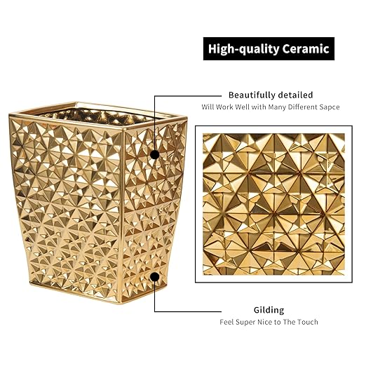 Ceramic Gold Square Garbage Can Kitchen Trash Cans - Wastebasket Garbage Container Bin for Bathroom Bedroom Kitchen Home Office and Kids Room Holds Waste