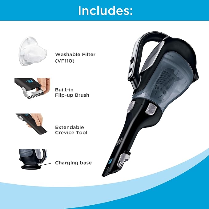 BLACK+DECKER dustbuster 20V Hand Vacuum Cordless Rechargeable Car Vacuum Portable Powerful Suction AdvancedClean Hand Vac with Extendible Crevice Tool Flip-Up Brush and Charging Base (BDH2000L)