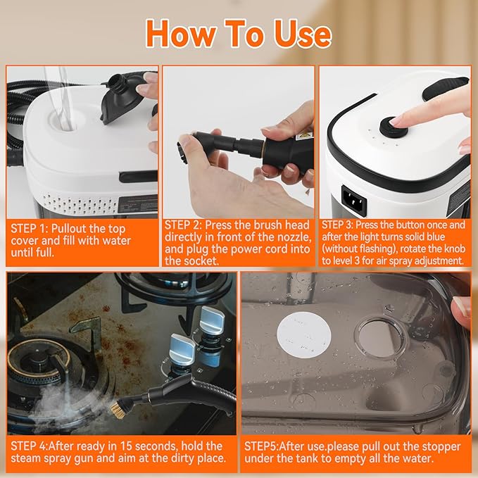 Handheld Steam Cleaner 2500W High Pressure Steam Cleaner Fast Heat-Up 3 Steam Levels 1400ml Large Capacity for Home Car Grease Grout Tile
