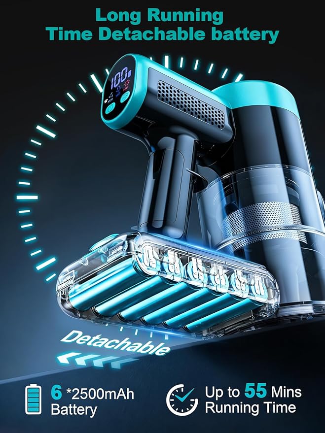 Cordless Vacuum Cleaner 58Kpa Vacuum Cleaners for Home 55Mins Stick Vacuum with Self-Standing &amp LED Display Anti-Tangle &amp Wall Mount Charging (Cyan)