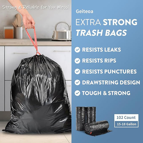 15-18 Gallon Black Trash Bags with Drawstring (102 Count) Fit 16 17 Gal High Density Large Garbage Bags Strong Plastic Trash Can Liners for Kitchen Lawn Commercial