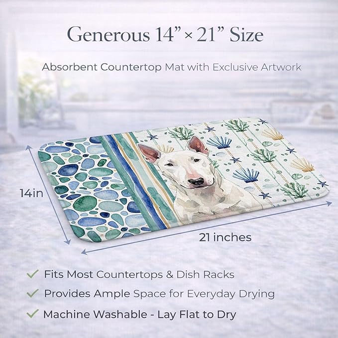 Caroline's Treasures White Bull Terrier Coastal Sea Glass Dish Drying Mat Absorbent Dish Drying Mat Pad for Kitchen Counter Dish Drainer Mat for Countertop 14 x 21 Multicolor