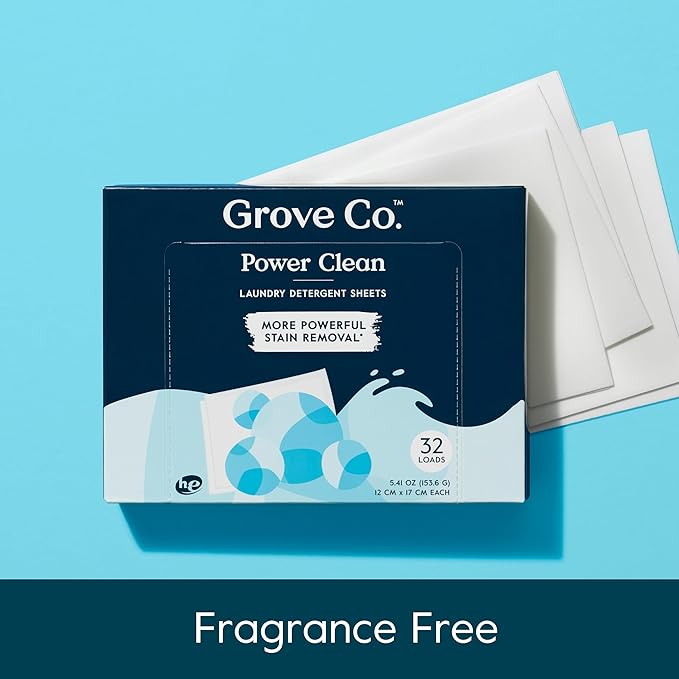 Grove Co. Laundry Detergent Sheets Power Clean Dissolving Washer Sheets (2 Pack - 64 Loads) Tough Stain Remover Unscented Free &amp Clear Formula