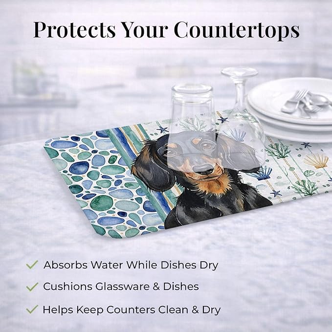 Caroline's Treasures Longhaired Black and Tan Dachshund Coastal Sea Glass Dish Drying Mat Absorbent Dish Drying Mat Pad for Kitchen Counter Dish Drainer Mat for Countertop 14 x 21 Multicolor