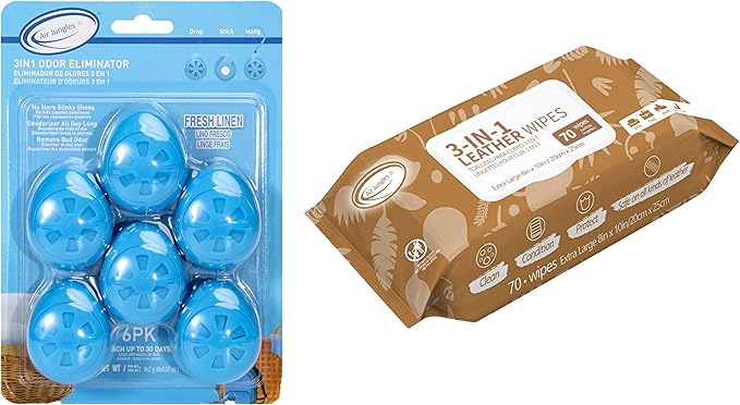 Air Jungles 3-in-1 Fresh Linen Odor Eliminator Balls 6 Count + 3-in-1 Leather Cleaner Wipes 70 Count Essential Oil Deodorizing Balls and Extra-Large Cleaning Wipes for Shoes Car Interior Furniture