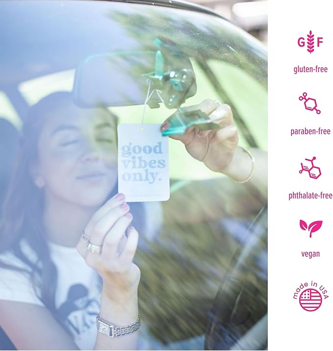 Austy Lou “Good Vibes Only” Air Freshener (4 Pack) – Grapefruit Champagne &amp Ginger Scent – Hanging Paper Car Fresheners for Car Closet &amp Small Spaces – Up to 6 Weeks of Fragrance