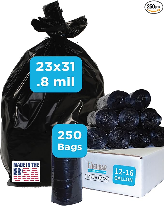 Home and Kitchen Durable Black Trash Bags 12-16 Gallon Strong and Puncture Proof Resins 0.8 Mil Thick Standard Wastebasket Size 23 x 31 Extra Tall Office and Food Waste 250 Count