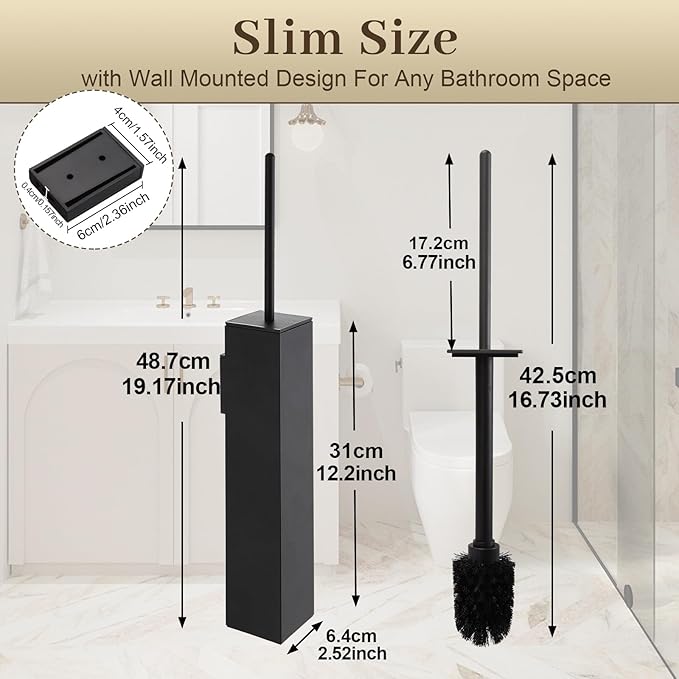 Toilet Brush and Holder Wall Mounted Black Aluminum with 2 Replaceable Heads Bathroom Toilet Brush Drill or 3M Adhesive Mount Removable Liner and Splash Guard Modern Square Design