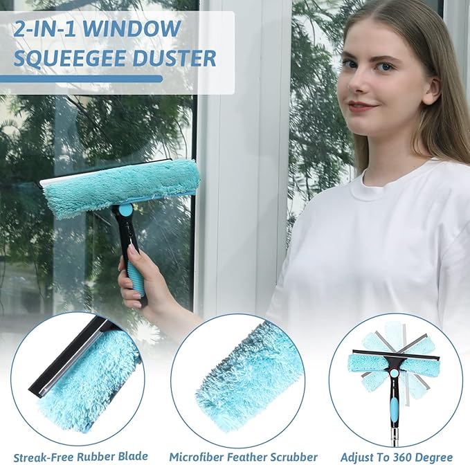 MAYKI 20 Foot High Reach Dusters for Cleaning 5 PCS Ceiling Fan Dusters with Extension Pole Cobweb Duster with Extension Pole for High Ceilings/Fans 2 in 1 Window Squeegee Duster