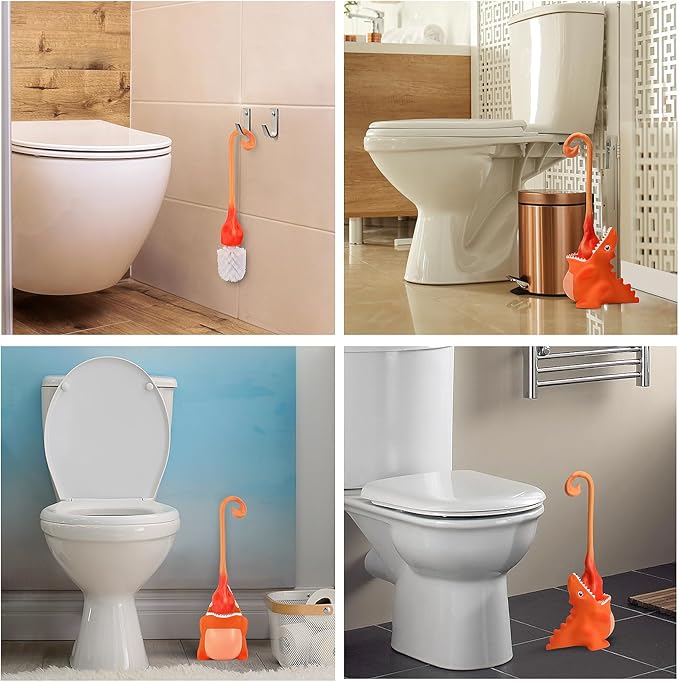 Creative Dinosaur Toilet Brush Toilet Bowl Brush and Holder Flexible Toilet Bowl Brush Head Bathroom DinosaurToilet Bowl Brush for Deeply CleaningCute Bathroom Accessories (Orange)