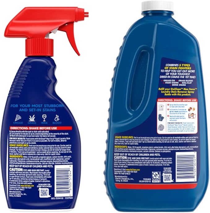 OxiClean Max Force Laundry Stain Remover Spray 12 fl oz + 48 Fl Oz Refill Bottle Kit 60 Fl Oz Total