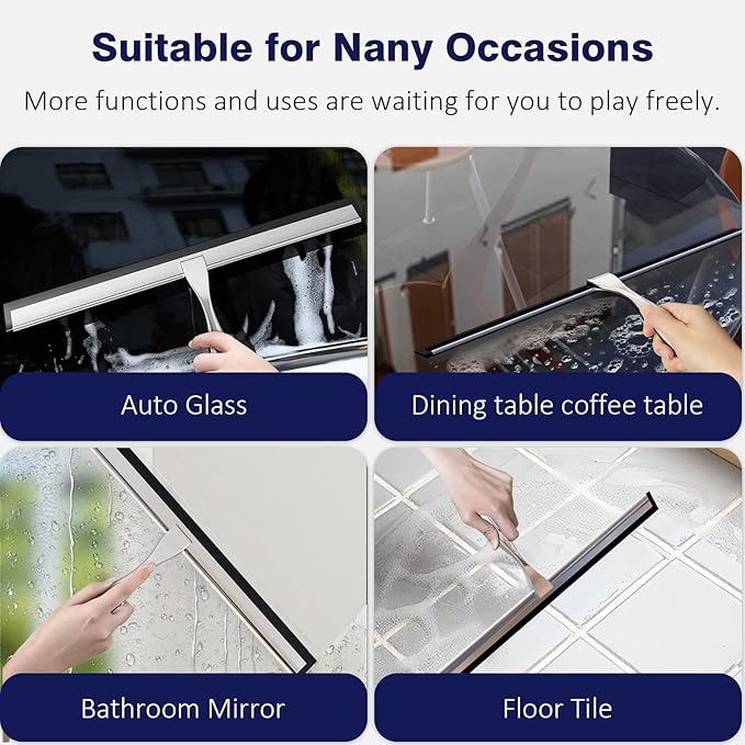 TOOVEM 14 Inch Shower Squeegee for Glass Doors Window Bathroom Car Windshield Shower Cleaning Tools with S Hook Square Sticky Hook (Silver)