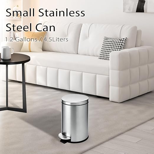 TIPGO Small Trash Can with Lid Soft Close 4.5 Liters / 1.2 Gallon Bathroom Garbage Can Mini Step Trash Bin Stainless Steel Wastebasket for Bathroom Bedroom Office (Silver)